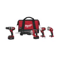 MILW 2696-24 - Milwaukee M18 2696-24 4-Tool Cordless Combination Kit, Tools: Hammer Drill, Impact Driver, Reciprocating Saw, 18 VDC, 3 Ah Lithium-Ion Battery, Keyless Blade
