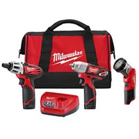 MILW 2491-23 - Milwaukee M12 2491-23 Cordless Combination Kit, Tools: Impact Wrench, Screwdriver, Worklight, 12 VDC, 1.5 Ah Lithium-Ion, Keyless Chuck, Variable Speed